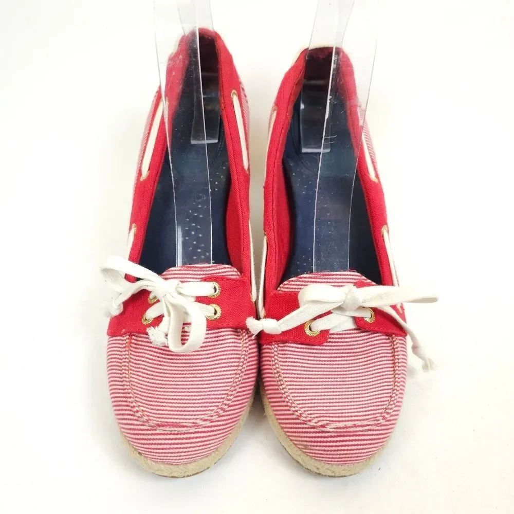 Sperry Clarens Womens Wedge Red white Striped Ropes Espadrilles shoes Size 9.5 M